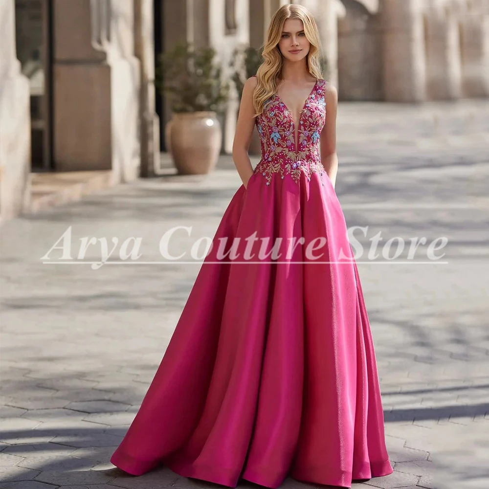 Gorgeous Colourful Applique Evening Dress Deep V-Neck Sleeveless Backless A-Line with Pocket Floor Length Women Party Gowns