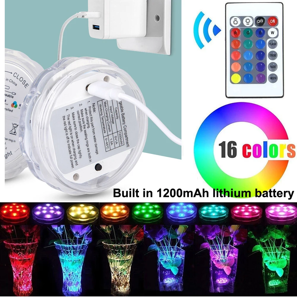 

1200mah Battery Operated 10 LEDs RGB Submersible Underwater Lamp Garden Swimming Pool Light for Wedding Party Aquarium Vase Bowl