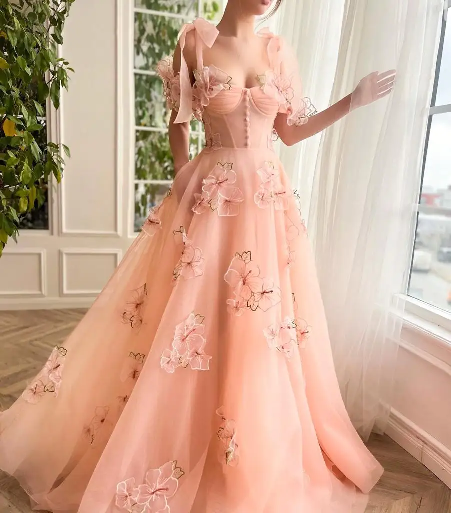 Juliet Peach-Vestido largo de graduación con hombros descubiertos para adolescentes, corsé Floral de encaje 3d, vestido de fiesta de regreso a casa de tul para ocasiones especiales