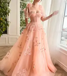 Juliet Peach Off Shoulder Graduation Dress For Teens Long 3d Lace Floral Corset Tulle Homecoming Party Gown For Special Occasion