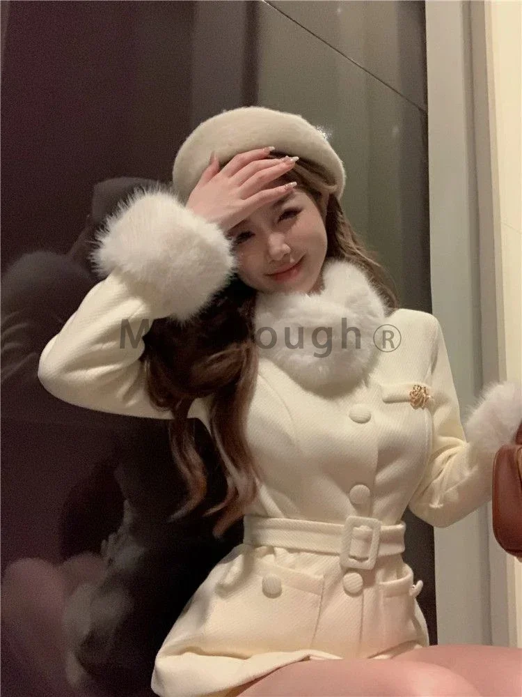 Creamy Collar Woolen Coat Collegiate Suit Women Elegant Warm Coat + High Waisted Shorts Autumn Winter Sweet Two Piece Set 2024