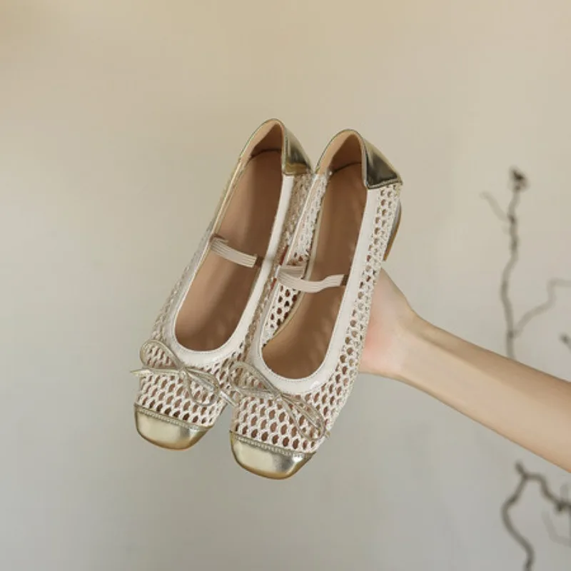 

NASBAVI Comfortable Square Toe Low Heel Thick Heel Stitching Color Matching Bow Decoration Mesh Elastic Band Women's Sandals