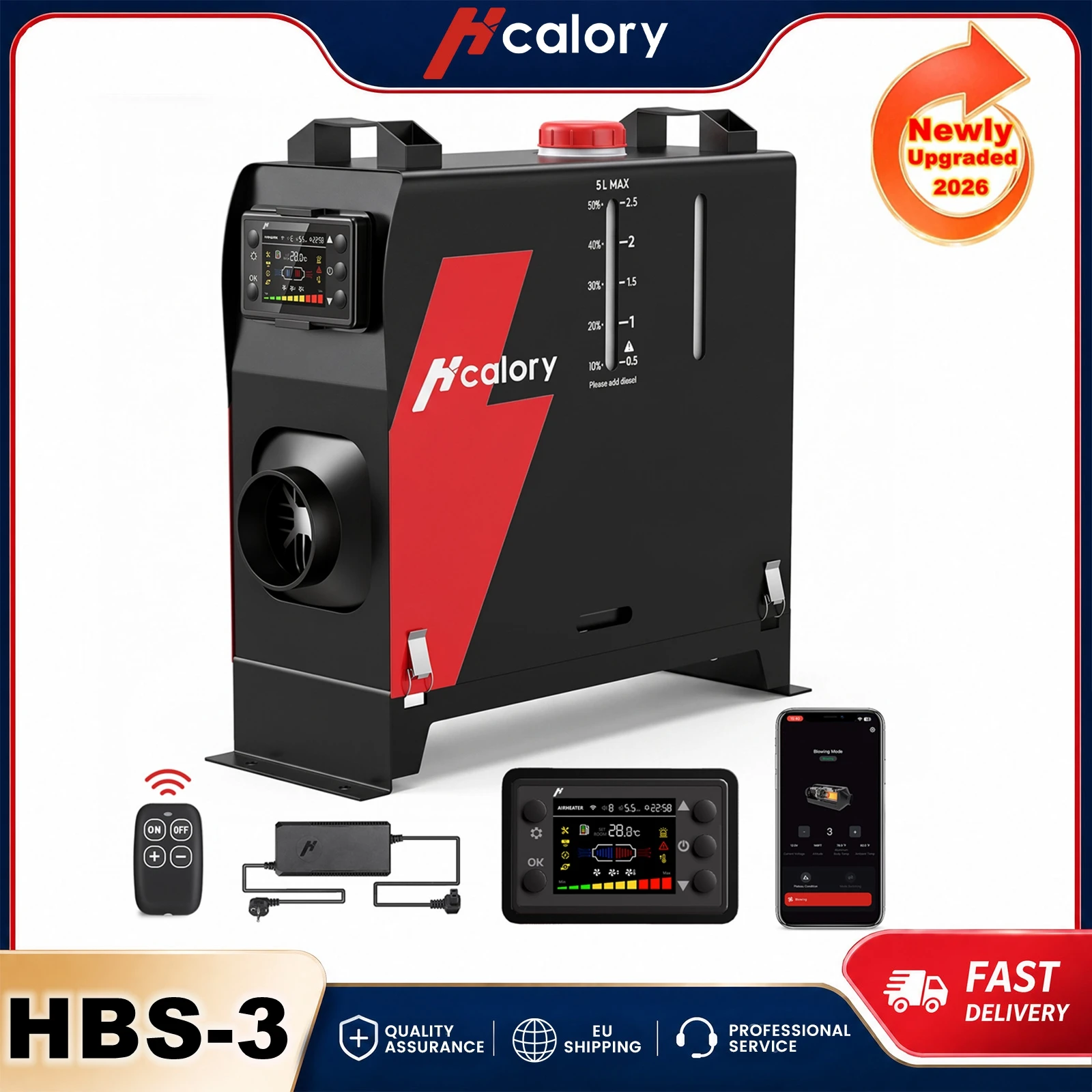 Hcalory HBS-3 Newly Upgraded 5-8KW Portable Diesel Air Parking Heater with App Control 10 Level Temperature Settings 18% Enhanced Combustion Efficiency