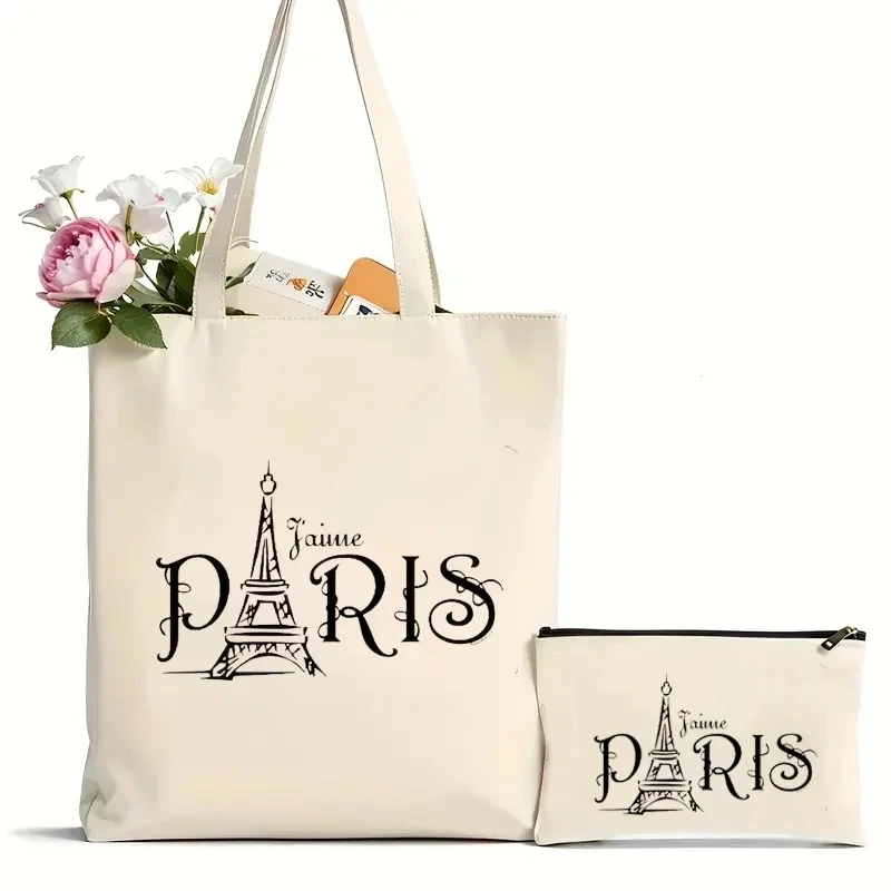 2Pcs Eiffel Tower Printed Tote Bag Cosmetic Women Fashion Canvas Shoulder Bag Eco Large Capacity Travelling Shopping Bag