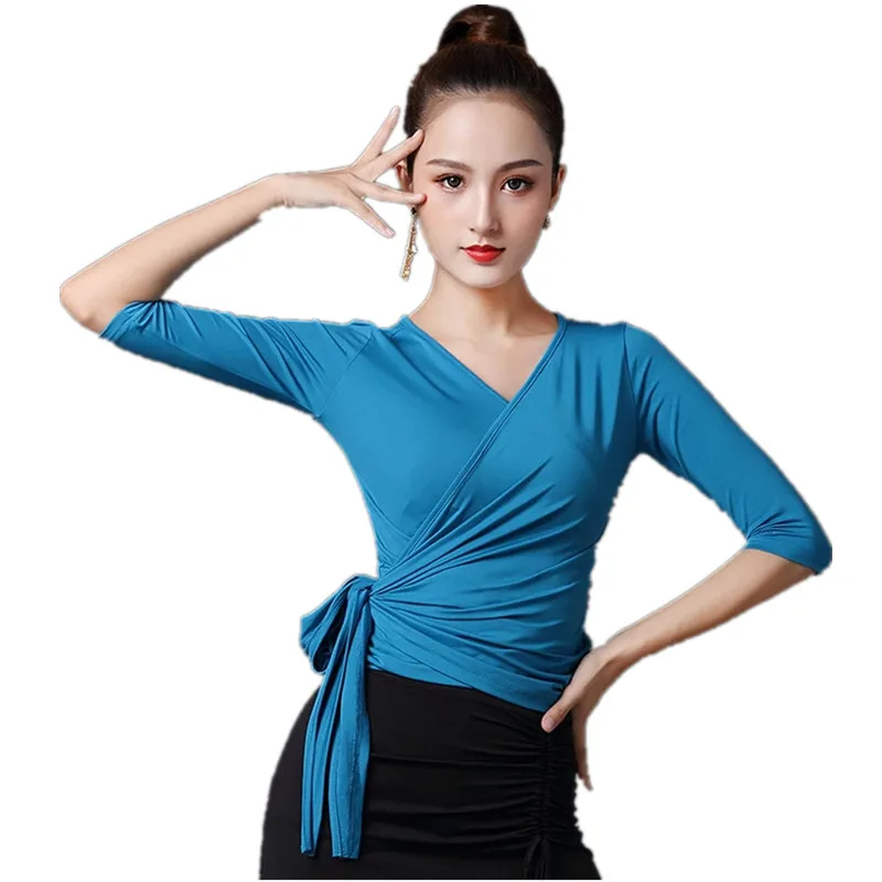 Vrouwelijke Diepe V-riem Ballroom Dans Kostuum Doek vrouwen Tango Chacha Oefenshirt Dame Halve Mouwen Latin Dansen Tops