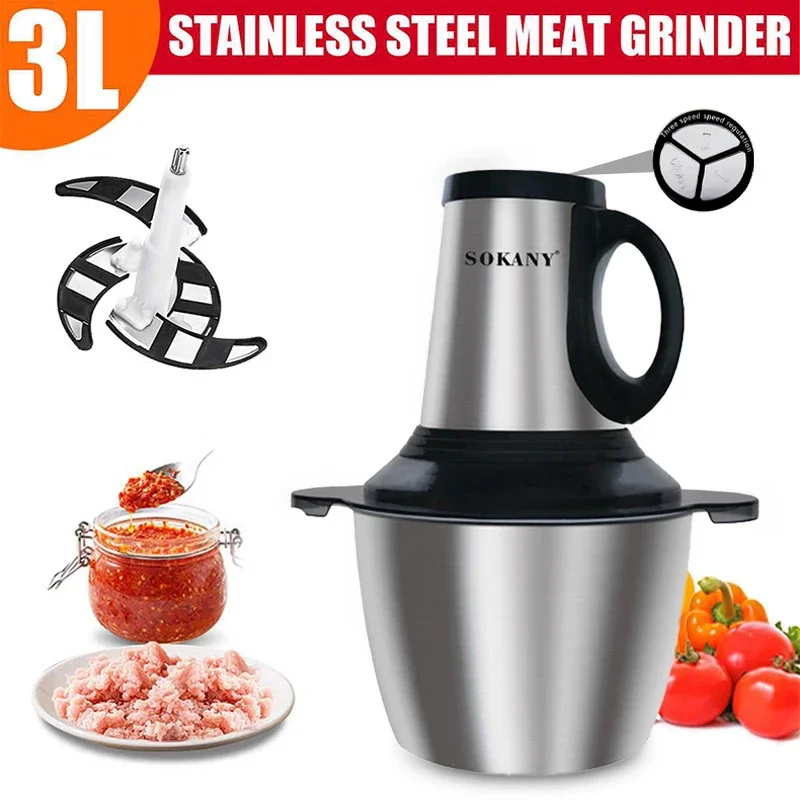 

600W 3L Household Small Electric Meat Grinder 2 Speeds Stainless Steel Electric Chopper Automatic Mincing Machine Food Processor