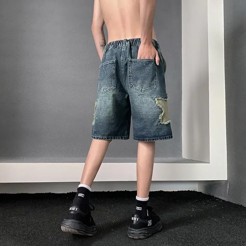 Picture 7: Fashionable Star Patch Designs Knee Pants Men's Clothing American Summer Vintage Distressed Loose Casual Straight Denim Pants