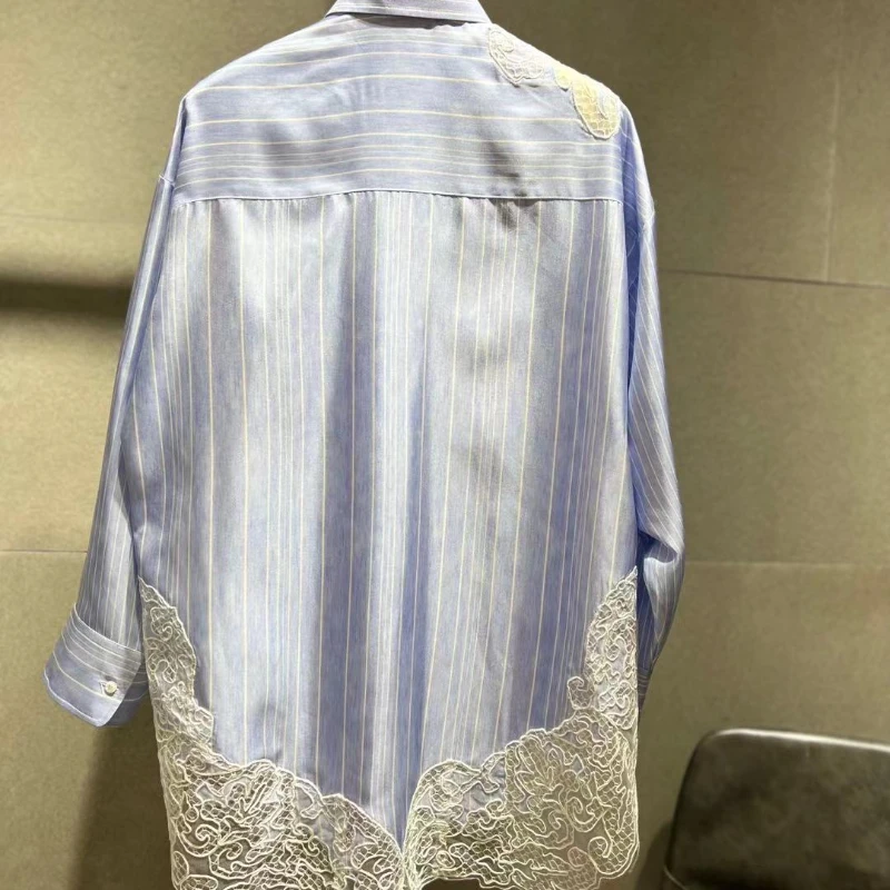 High Quality 2023 Spring Summer Casual See Through Embroidery Blue Striped Long Sleeve Short and  Blouse Shirts Tops