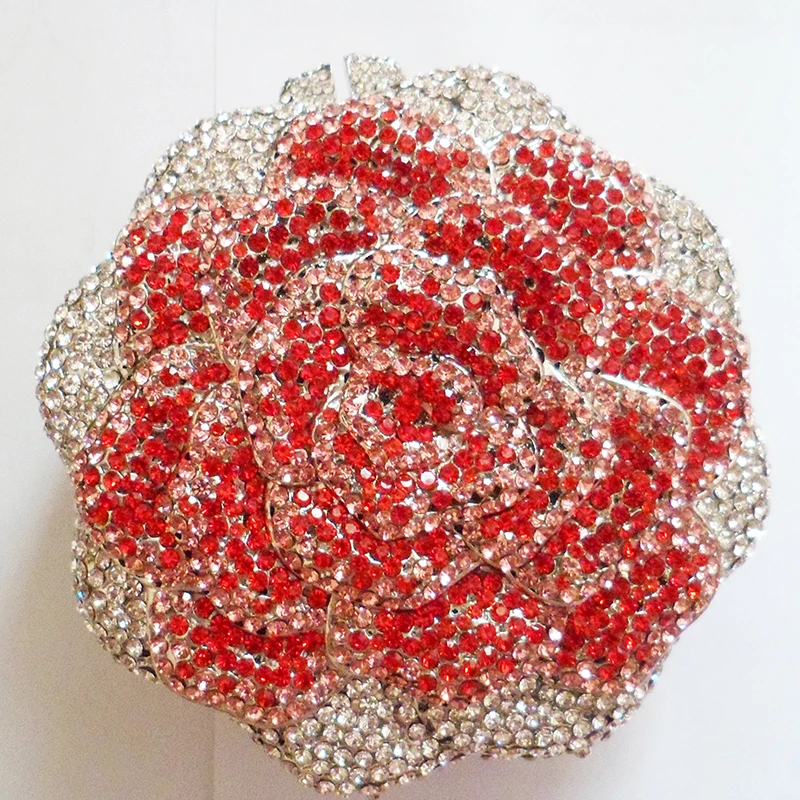 

Luxury Designer Pink/Red/White Flower Crystal Evening Bag Circle Wedding Bridal Clutch Purse Women Dinner Diamond Party Handbag