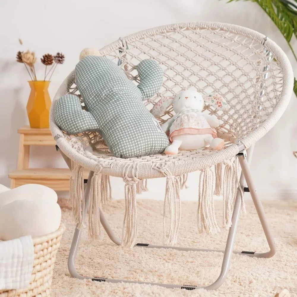 

Chair with Folding Metal Frame, 100% Cotton Handmade Round Cozy Chairs, Exquisite Moon Chair for Bedroom, Living Room Décor