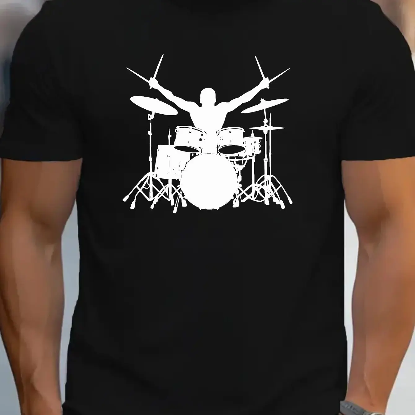 Men's Teens Music-Themed Cotton T-Shirt Drum Print Short Sleeve Round Neck Casual Summer Top Breathable White Band Shirt