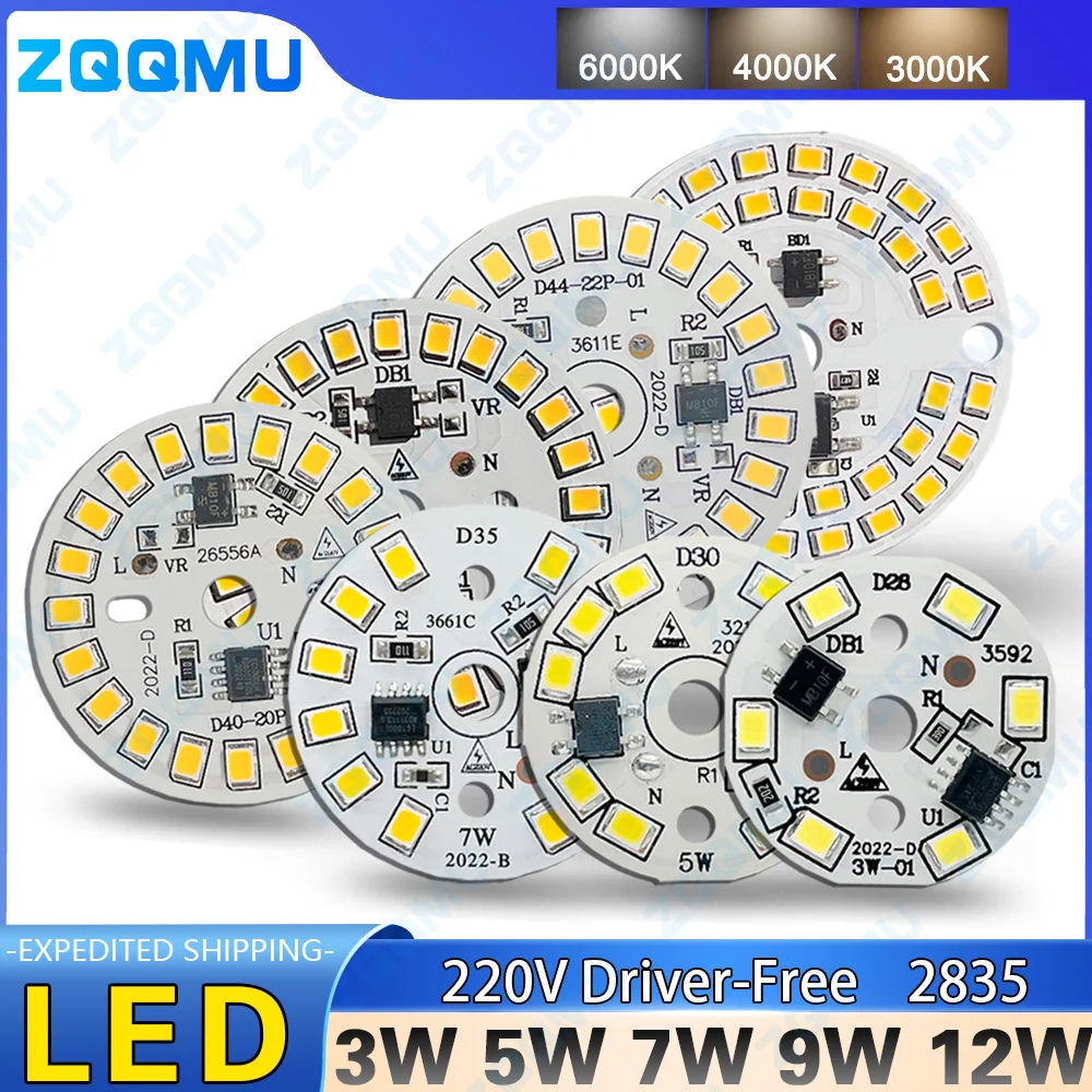 Lampu sorot LED, 10 Buah Chip bohlam LED bebas pengemudi 18W 15W 12W 9W 7W 5W 3W SMD 2835 manik lampu bulat AC 220V