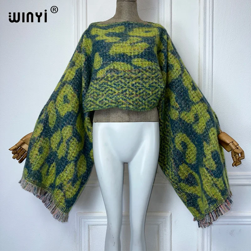 WINYI fashion print knitted long sleeve cloak free size Women's Tops Autumn Winter holiday fashion maxi poncho