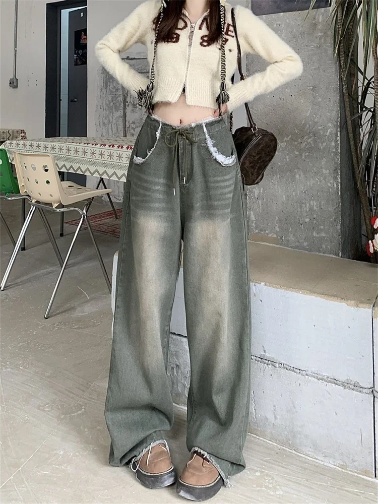 Women's Make Old Burrs Design Wide Leg Green Jeans Cool Girl Chic Casual Pants Female Loose Straight High Waist Denim Trousers