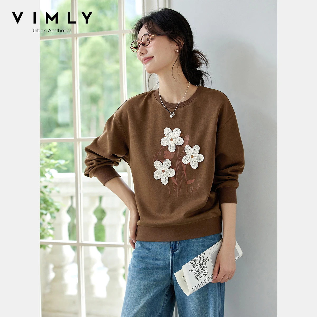 VIMLY Brown Sweatshirt Women Autumn 2025 Casual Floral Print Long Sleeve Tops for Woman Loose Round Neck Ladies Sweater A2511