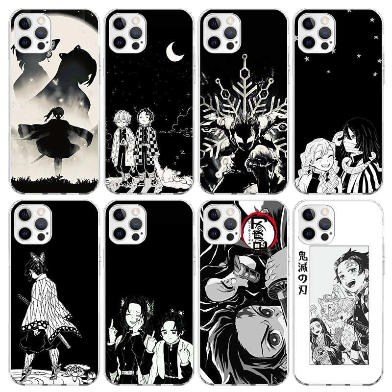 Black White Demon Slayer Phone Case For Apple iPhone 11 13 14 Pro 15 12 Mini SE X XR XS Max 7 8 Plus Pattern Soft TPU Back Cover