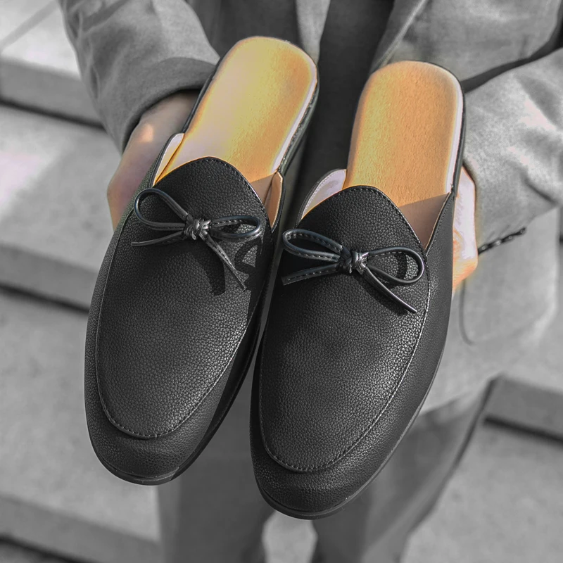 Men Fashion Slippers Men One Step Casual Comfortable Half Dragged Small Leather Shoes Men Outdoor Business Slippers Size 38-44 view 3