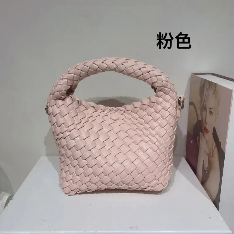 Women\'s soft  PU leather mini woven bucket bag handbag shoulder messenger bag Solid Pink Black Khaki