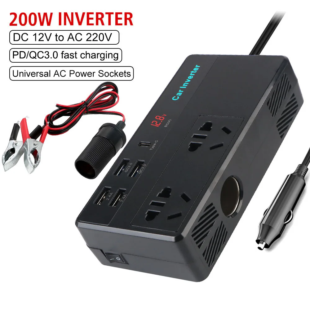 

200W Storage Battery Inverter DC 12V to AC 220V With Voltmeter Switch 6+2 Type-C USB Chargers 3.0 AC Power Socket Car Inverter