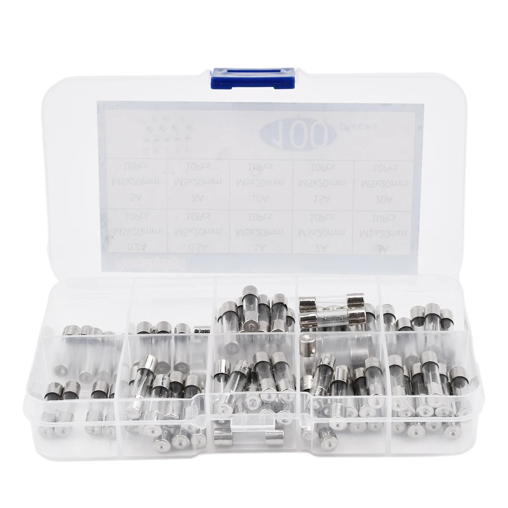 100 PCS Fast Blow Glass Fuse Box Kit 5x20 250V For Circuit Current Protection 5*20mm 0.2/0.5/1/2/3/5/8/10/15/20A