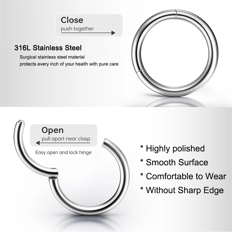 16G 316L Surgical Steel Hinged Clicker Nose Septum Rings Hoop Earring Lip Tragus Cartilage Body Piercing Jewelry, 6mm-12mm