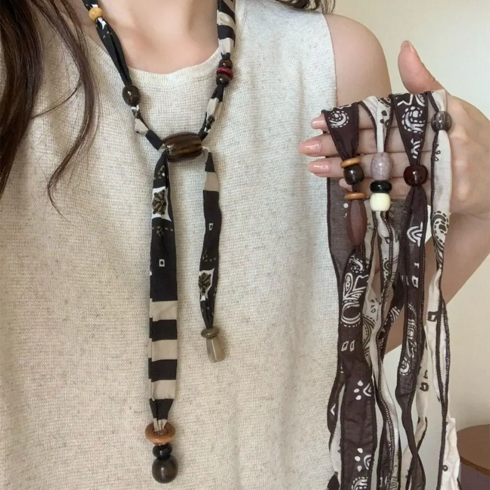 Gift Bohemian Silk Scarf Retro Ethnic Style Wooden Bead Strip Cloth Clavicle Chain Casual Wear