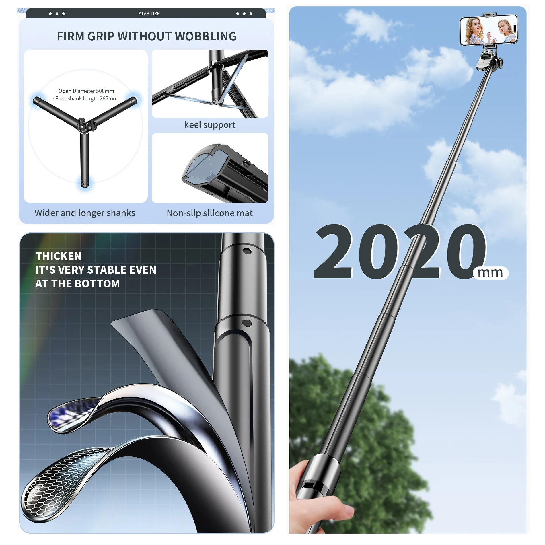 2020mm Selfie Stick Tripod Stand Wireless Selfie Stick Tripod with Remote with 1/4 Screw 1/4 Nut Portable Tripod for Phone Light