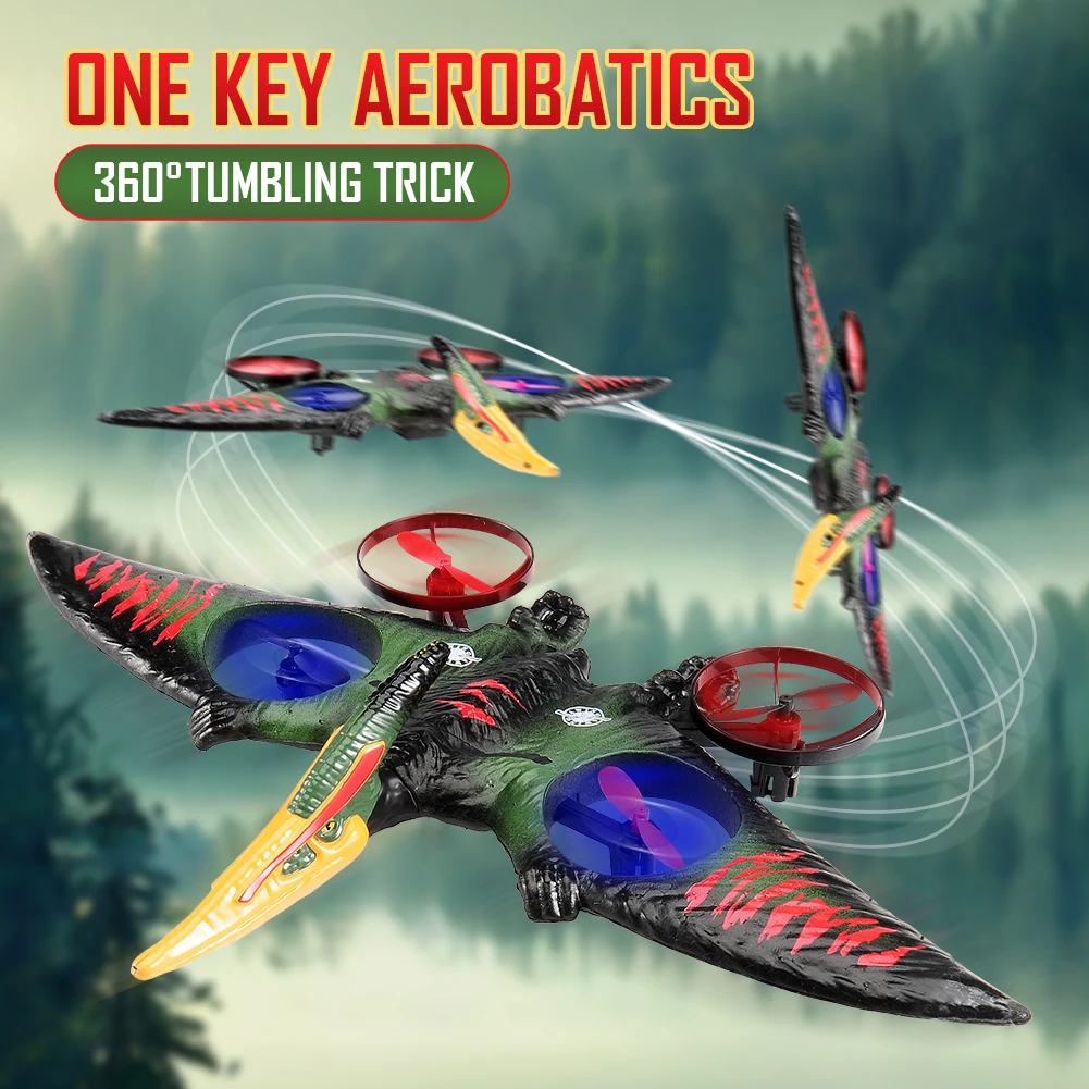 RC Plane 2.4G 6-Axis Gyro Pterosaur RC Drone 360 Degree Mini Dinosaur RC Aircraft with LED EPP One Key Take-Off Airplane Toys