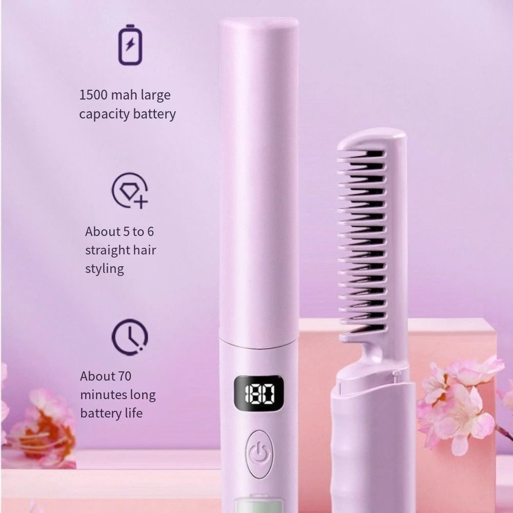 Anti-Scald Hair Straightener Brush USB Rechargeable Cordless Straight Hair Comb Heating Up Electric Straightener Comb Travel