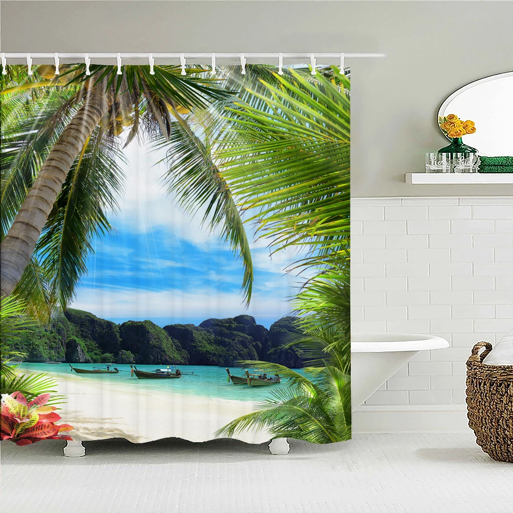 Seaside Scenery 3d Printed Polyester Shower Curtain Wooden Bridge Nature Fabric Waterproof Bathroom Curtain for Bathtub 180x180