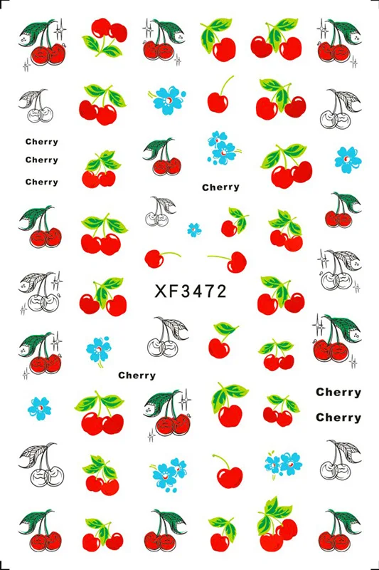 6 Sheets Various Delicious Red Cherry Fruit Fashion Adhesive Nail Art Stickers Decals Manicure Charms Accessories XF3467-XF3472