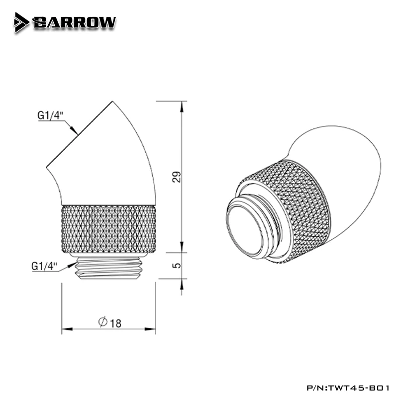 Barrow 45° Rotary Angled Fittings for Water Cooling Hard Pipe Angle Turning, Black/Silver/White, TWT45-B01