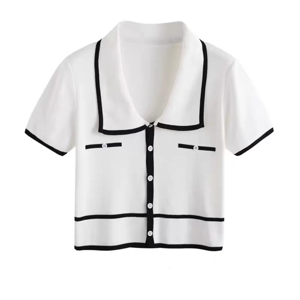 

Укороченный топ с откидным воротником и короткими рукавами, облегающая трикотажная футболка в полоску, женская одежда, нижняя рубашка, трикотаж, женский женский