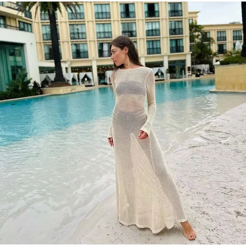 

Cotton Knit Hollow Long-sleeved Dresses Women's Solid Perspective Swimsuits Long Blouse Summer Beach Vacation Wrap Buttock Dress