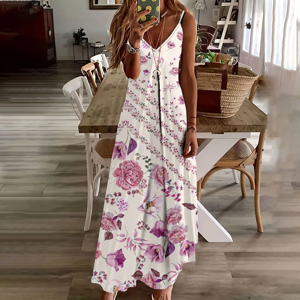 Women's Maxi Dress Floral Print Spaghetti Strap Long Dresses Casual Boho Sleeveless Summer Beach Sundress Loose Large Hem Dress