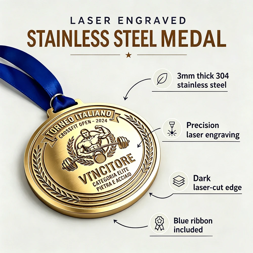 

Custom Laser Engraved Gold Plated Medal 3mm Thick Sports Award Medal with Ribbon for Competition Souvenir Gift