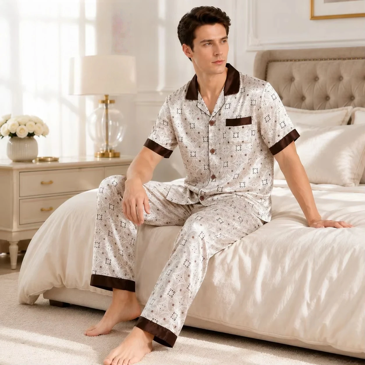 Men Silk Pajama Set Short Sleeve Long Trousers 16 Momme Mulberry Silk Sleepwear Loose Comfortable Summer Homewear Night Suit