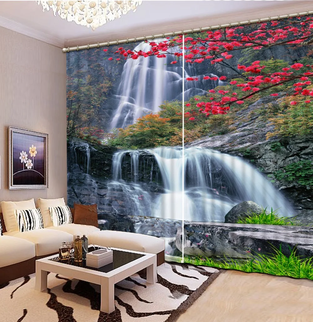 3D Curtain Natural scenery waterfall, flowers Window Blackout Luxury 3D Curtains Bed room Living room Home Wall Decorative