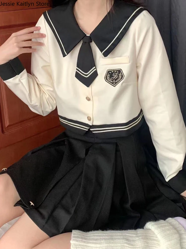 Korean Kawaii School Sailor Uniform Women Japanese Girl College Cosplay JK Uniform Autumn Long Sleeve Top and Pleated Skirt Sets