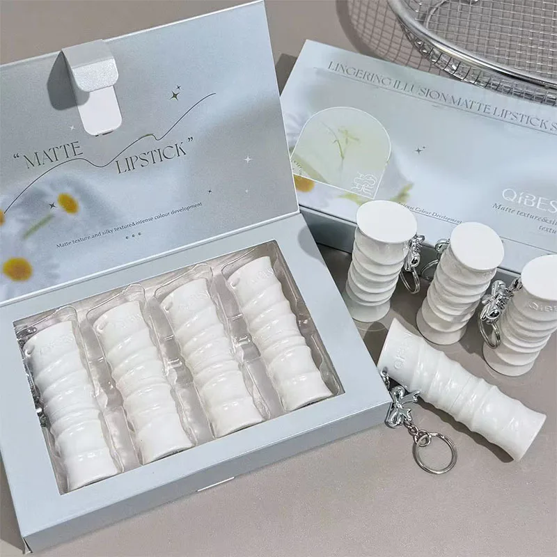 Qibest batom fosco 4 cores conjuntos de maquiagem névoa macia cor clara colorido mancha labial longa duração batom brilhante cosméticos de beleza