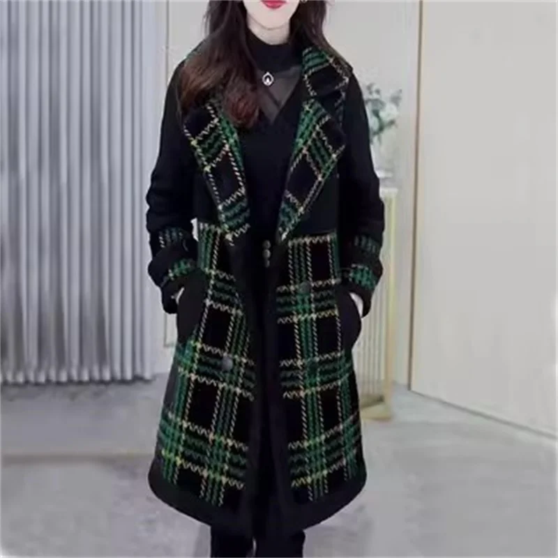 

Add Velvet Padded Plaid Woolen Jacket Women's Autumn Winter 2023 New Fashion Appear Thin Double-Breasted Lamb Plush Woolen Coat