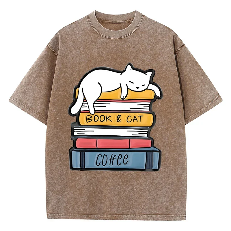 A Cat Lying On The Book Print Wash Tees Cute Cartoon T-Shirt Harajuku Machine Washable Top Casual Breathable Women Short Sleeve