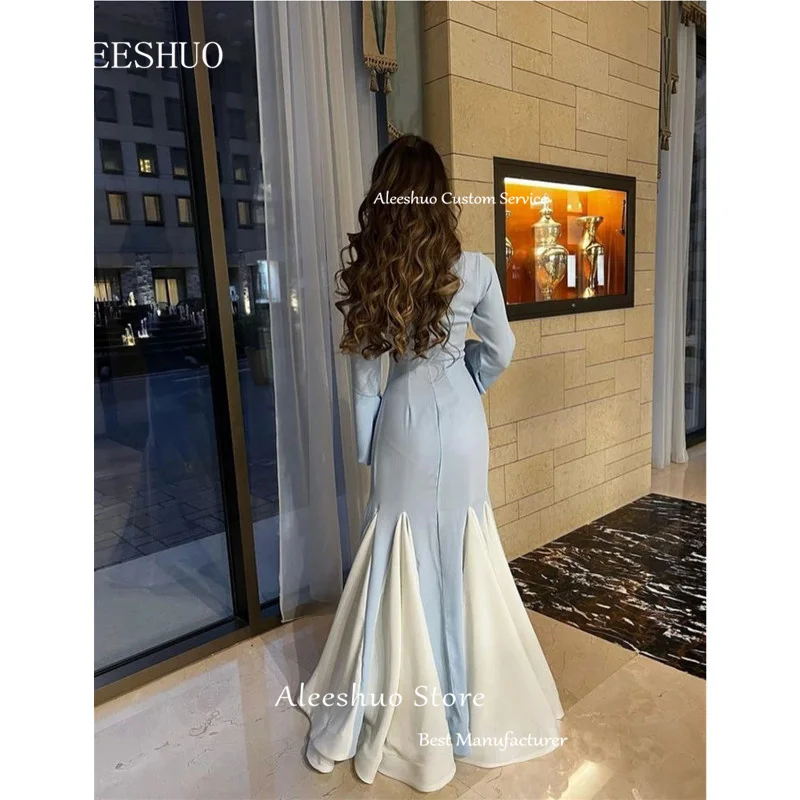 Aleeshuo exquisite blaue lange Meerjungfrau Abschluss ball Kleid Satin einfache Applikationen Langarm Abendkleid Reiß verschluss boden lang 2024