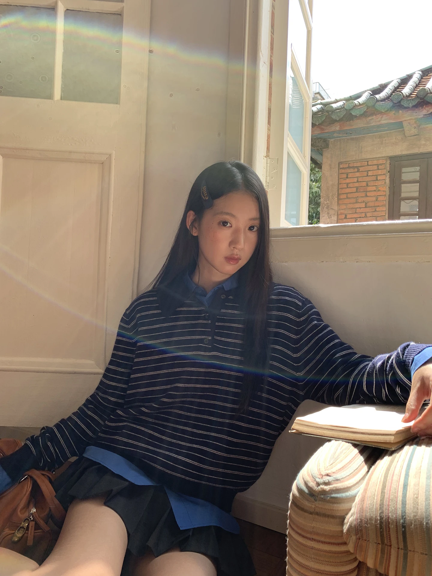 

Свободный вязаный свитер, женский осенне-зимний простой топ в большой синюю полоску, удобный повседневный свитер с капюшоном высокого качества