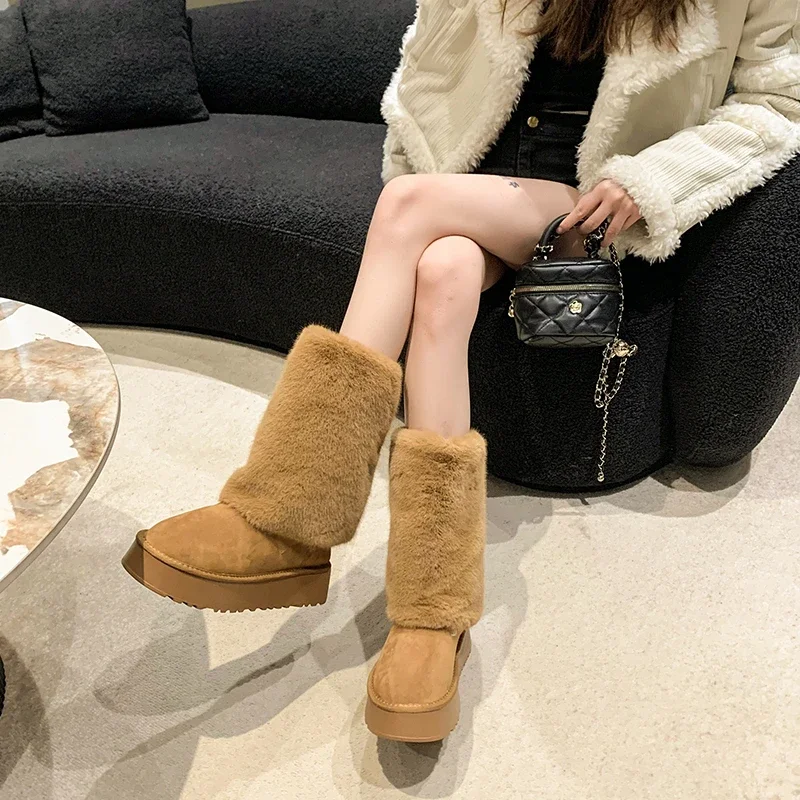 Buty damskie na wyprzedaży 2024 Fashion Sleeve Women Boots Winter Round Toe Suede Warm Solid Middle Tube Platform Boots Zapatos Mujer