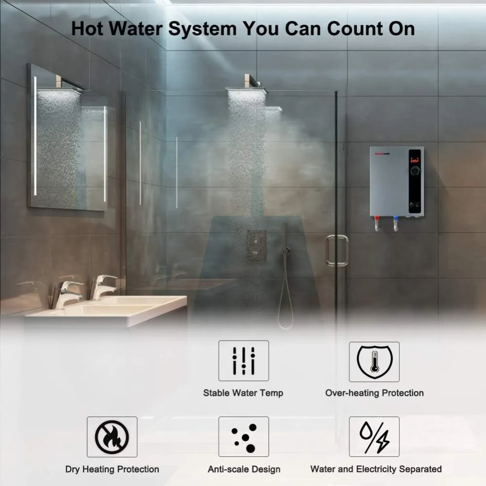 Electric Tankless Water Heater, On Demand Instant Hot Water Heater, Self Modulating Energy Saving