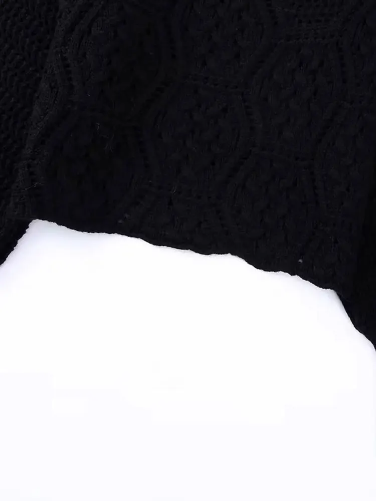 TRAF 2024 Autumn Vintage Hollow Out Women Sweater Black Solid Knitted Loose Pullovers Fashion Warm Female Top