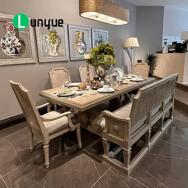 Antique Grey Vintage Dining Table Luxury Carved Solid Wood Furniture For Home Farmhouse Living Room Durable Elegant Design
