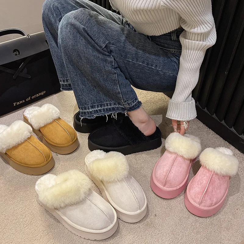 2023 New Winter Women Fur Slippers Warm Boots Platform Flip Flops Short Plush Flats Home Cotton Shoes Suede Mules Ladies Boots