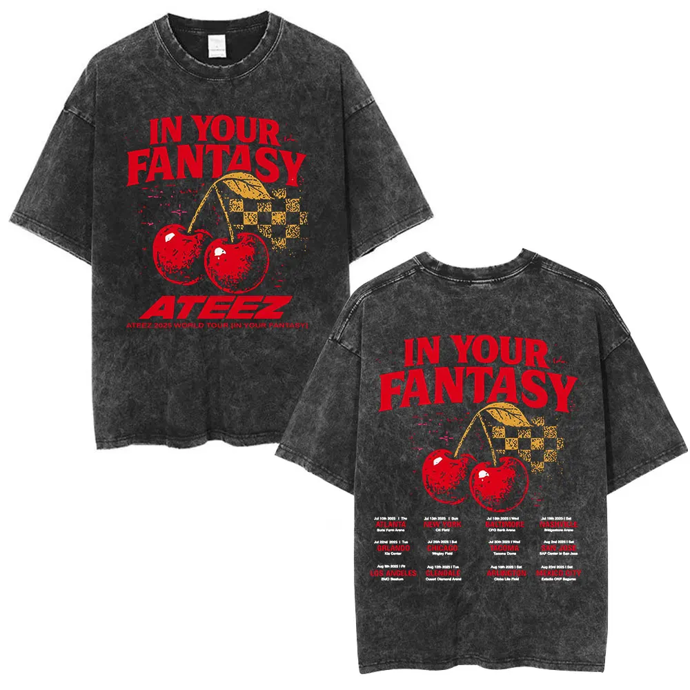 Ateez 2025 World Tour in Your Fantasy Tour Cherry Vintage Washed T-Shirt Koreanisches Kpop Fashion T-Shirt Herren Damen Baumwoll-T-Shirts